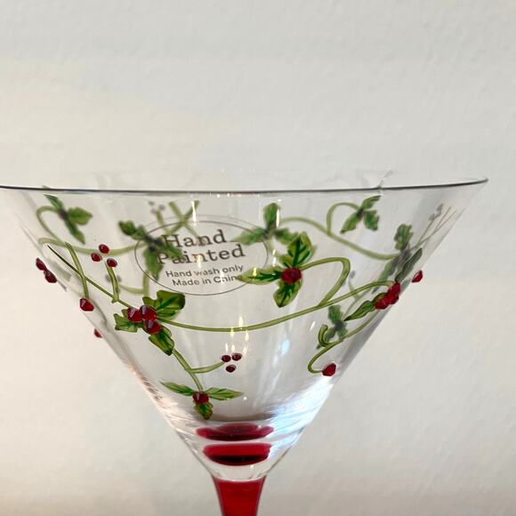 Christmas Red Rhinestone Holly Berry Cocktail Martini Glasses Set of 2 NEW - Picture 3 of 10